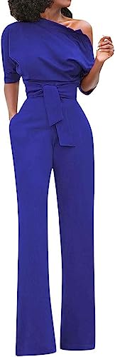 Vagbalena Damen Eleganter Jumpsuit EIN-Schulter-Mode Jumpsuit Schlank Langer Jumpsuit Lässig Lose Jumpsuit mit Taschen Schräger Rücken Riemen Flache Hose (Blau,S) von Vagbalena