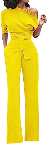 Vagbalena Damen Eleganter Jumpsuit EIN-Schulter-Mode Jumpsuit Schlank Langer Jumpsuit Lässig Lose Jumpsuit mit Taschen Schräger Rücken Riemen Flache Hose (Gelb,S) von Vagbalena