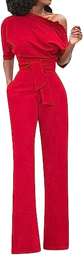 Vagbalena Damen Eleganter Jumpsuit EIN-Schulter-Mode Jumpsuit Schlank Langer Jumpsuit Lässig Lose Jumpsuit mit Taschen Schräger Rücken Riemen Flache Hose (Rot,M) von Vagbalena