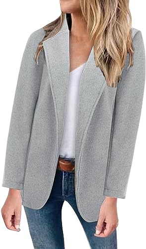 Vagbalena Damen Elegantes Geschäfts büro Langer Blazer Leichte Sport Jacke mit Taschen Mode einfarbig schlank Fit Blazer Basic Blazer (Hellgrau,XXL) von Vagbalena