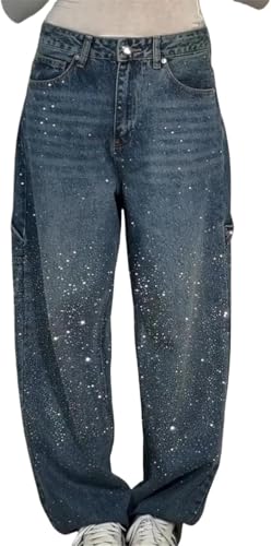 Vagbalena Damen Frühling Hohe Taille Lockere Passform Lässige Strass Lockere Jeans Weites Bein Glänzende Jeans Hohe Taille Strass Lässige Weites Bein Lockere Jeans (Blau,M) von Vagbalena