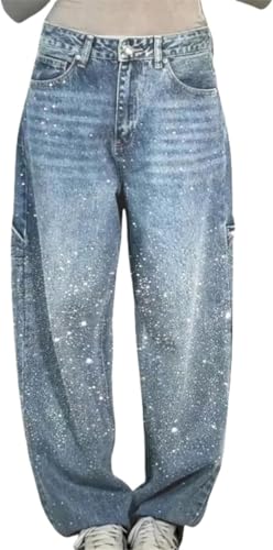 Vagbalena Damen Frühling Hohe Taille Lockere Passform Lässige Strass Lockere Jeans Weites Bein Glänzende Jeans Hohe Taille Strass Lässige Weites Bein Lockere Jeans (Hellblau,M) von Vagbalena