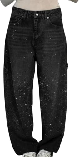 Vagbalena Damen Frühling Hohe Taille Lockere Passform Lässige Strass Lockere Jeans Weites Bein Glänzende Jeans Hohe Taille Strass Lässige Weites Bein Lockere Jeans (Schwarz,3XL) von Vagbalena