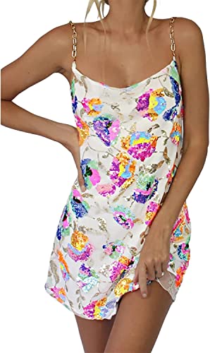 Vagbalena Damen Glitzer Blume Verschönert Paillettenkleid Glitter Rückenfrei Tief Ausgeschnitten Spaghetti Strap Minikleid Geburtstag Party Cocktail Outfit Hochzeit (Weiß,XL) von Vagbalena