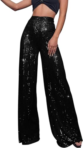 Vagbalena Damen-Gold-Glitzer-Hosen-Hose mit hoher Taille weites Bein französische Pailletten Lange hohe Taille lose Jogging Hose (Schwarz,3XL) von Vagbalena