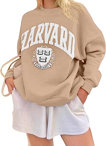 Vagbalena Damen Harvard Brief Print Muster Super David Kleidung Gramm Rundhals Rundhals Langarm lässig locker Pullover Hemd hundert Tops Langarm Sweatshirt (Aprikose,L) von Vagbalena