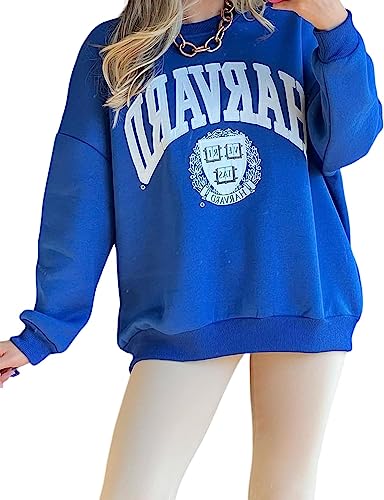 Vagbalena Damen Harvard Brief Print Muster Super David Kleidung Gramm Rundhals Rundhals Langarm lässig locker Pullover Hemd hundert Tops Langarm Sweatshirt (Blau,S) von Vagbalena