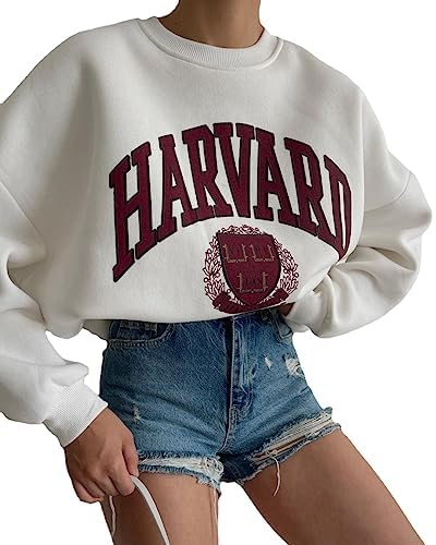 Vagbalena Damen Harvard Brief Print Muster Super David Kleidung Gramm Rundhals Rundhals Langarm lässig locker Pullover Hemd hundert Tops Langarm Sweatshirt (Weiß,L) von Vagbalena