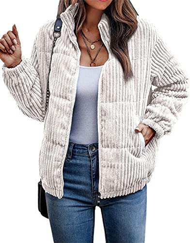 Vagbalena Damen Jacke Cord gerippt gesteppt Reißverschluss Langarm Winterjacke Stehkragen unten Mantel gesteppt Reißverschluss Tasche unten Jacke mit Taschen Oben (Apricot,S) von Vagbalena