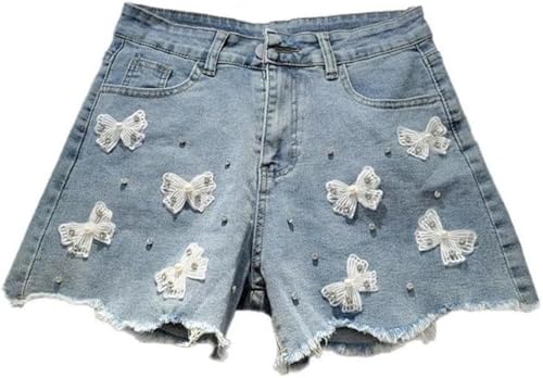 Vagbalena Damen-Jeans mit Perlenbesatz Shorts mit unregelmäßigem Seitenbogen und Kristallen Shorts mit weitem Bein hohe Taille Kurze Jeans mit weitem Bein (Blau,XL) von Vagbalena