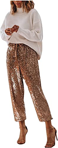 Vagbalena Damen-Jogginghose mit Pailletten glänzende Leggings mit hoher Taille hohe Taille Kordelzug elastische Taille lockere Passform Paillettenband Hose in Übergröße mit Taschen (Gold,XL) von Vagbalena