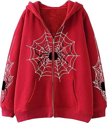 Vagbalena Damen Kapuzen Pullover mit Reiß Verschluss amerikanische Vintage Freizeit Jacke Y2K Spinnennetz-Print Halloween-Kapuzen Pullover Warmer Hoodie mit Taschen (Rot,L) von Vagbalena