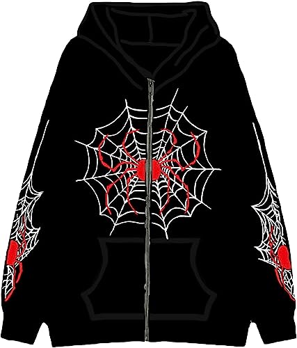 Vagbalena Damen Kapuzen Pullover mit Reiß Verschluss amerikanische Vintage Freizeit Jacke Y2K Spinnennetz-Print Halloween-Kapuzen Pullover Warmer Hoodie mit Taschen (Schwarz,M) von Vagbalena