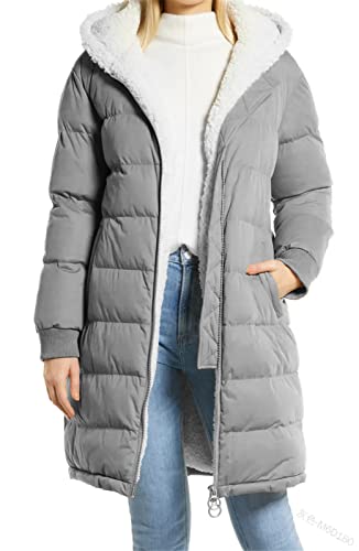 Vagbalena Damen Kapuzenmantel Dicker Plüsch gefütterter Parka Wintermantel Kapuzenjacke Langer Steppmantel Plüsch Daunenjacke Warmer verdickter Mantel Wintermantel (Grau,L) von Vagbalena