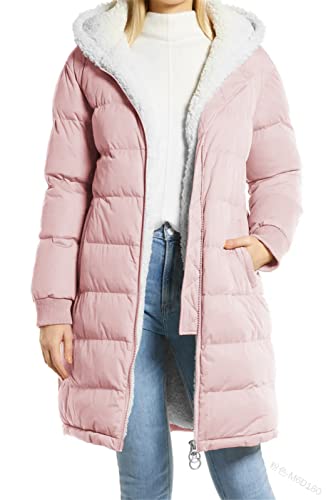 Vagbalena Damen Kapuzenmantel Dicker Plüsch gefütterter Parka Wintermantel Kapuzenjacke Langer Steppmantel Plüsch Daunenjacke Warmer verdickter Mantel Wintermantel (Rosa,L) von Vagbalena