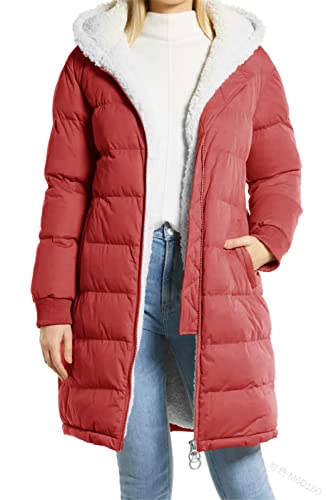 Vagbalena Damen Kapuzenmantel Dicker Plüsch gefütterter Parka Wintermantel Kapuzenjacke Langer Steppmantel Plüsch Daunenjacke Warmer verdickter Mantel Wintermantel (Rot,XL) von Vagbalena