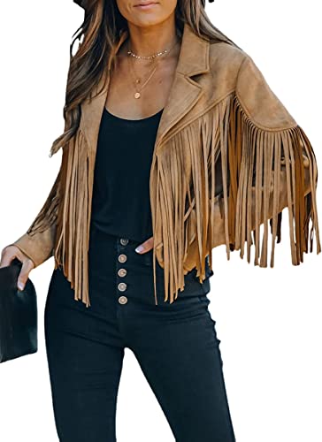 Vagbalena Damen Knopfleiste Faux PU Lederjacke Faux Wildleder Fransen Jacke Revers Cropped Biker Jacke Jacke Shirt Langarm Blazer (Apricot,L) von Vagbalena