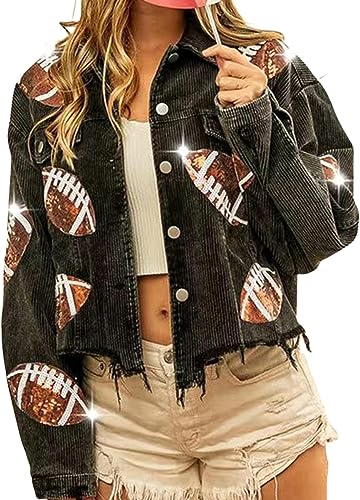 Vagbalena Damen Kordel jacke mit Kordel jacke Team Event Homecoming College Kurz jacke Fußball Pailletten Patch Kurz knopf Raw Edge Jacke Jacke Mantel (Schwarz,M) von Vagbalena