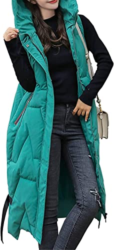 Vagbalena Damen Lang Kapuzenweste Winter Warm Steppweste Regenmantel Ärmellose Jacke Ärmellose Daunenweste Kapuzenweste Sportweste Übergangsjacke (Grün,M) von Vagbalena