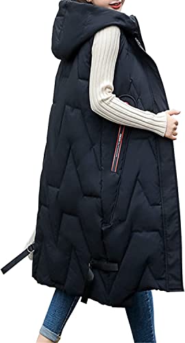 Vagbalena Damen Lang Kapuzenweste Winter Warm Steppweste Regenmantel Ärmellose Jacke Ärmellose Daunenweste Kapuzenweste Sportweste Übergangsjacke (Schwarz,XL) von Vagbalena