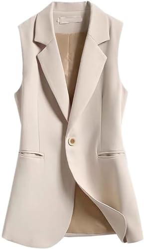 Vagbalena Damen Lange Weste Cardigan Arbeit Büro Lange Weste Mantel Jacke Freizeit Leichte Ärmlose Jacke Weste Tops Ärmellose Anzug Jacke (Beige,L) von Vagbalena