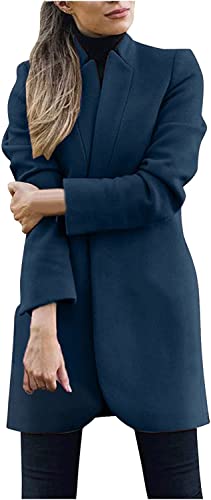 Vagbalena Damen Mäntel Mode elegant Kerbe Revers mittellanger Mantel aus Wollmischung Langer Wollmantel mittellanger Mantel Jacke Mantel Wollmantel (Blau,M) von Vagbalena