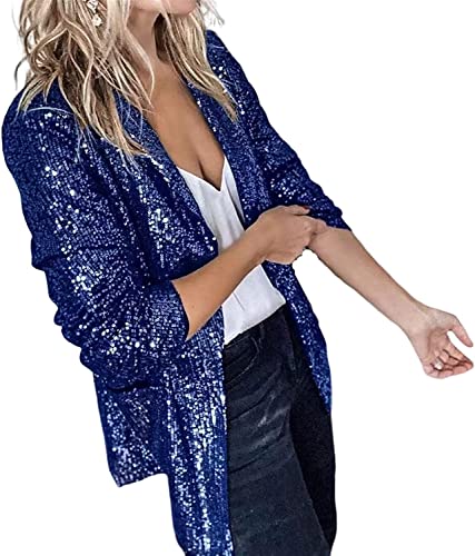 Vagbalena Damen Pailletten Jacke Lässige Langarm Revers Lässige Blazer Glitzer Jacke Kurze Party Pailletten Glitter Holiday Club Jacke (Blau,L) von Vagbalena