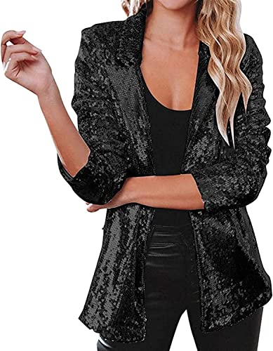 Vagbalena Damen Pailletten Jacke Lässige Langarm Revers Lässige Blazer Glitzer Jacke Kurze Party Pailletten Glitter Holiday Club Jacke (Schwarz,XXL) von Vagbalena