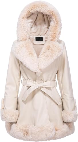Vagbalena Damen-Parka mit Pelzkragen langärmlig für den Winter flauschig gesteppt mit Kapuze lang warm Gürtel Gürtel Mantel Rüschen Kapuze Taille Abschlussmantel (Aprikose,S) von Vagbalena