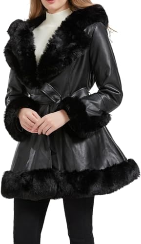Vagbalena Damen-Parka mit Pelzkragen langärmlig für den Winter flauschig gesteppt mit Kapuze lang warm Gürtel Gürtel Mantel Rüschen Kapuze Taille Abschlussmantel (Schwarz,L) von Vagbalena
