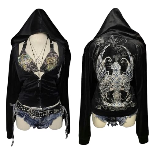 Vagbalena Damen Reißverschluss Casual Loose-Fit Grafik Bestickt Hoodie College Style Retro 2000s Hip-Hop Street Style Harajuku Jacke (Schwarz,S) von Vagbalena