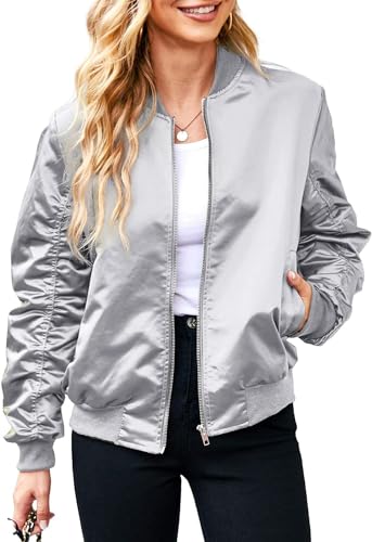 Vagbalena Damen-Satinjacke lässige Steppjacke leichte Jacke leichter Reißverschluss lässiger Stehkragen kurze Jacke Pulloverjacke mit Taschen Windjacke (Silber,M) von Vagbalena