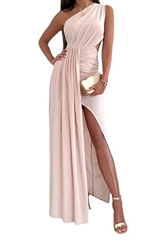 Vagbalena Damen Sexy Eine Schulter Plissiert Schlank Schlitz Lang Ärmellos Wrap Plissiert Hoch Gespalten Hochzeit Brautjungfernkleider Party Ärmellos Wrap Schlitz Kleid (Pink,L) von Vagbalena