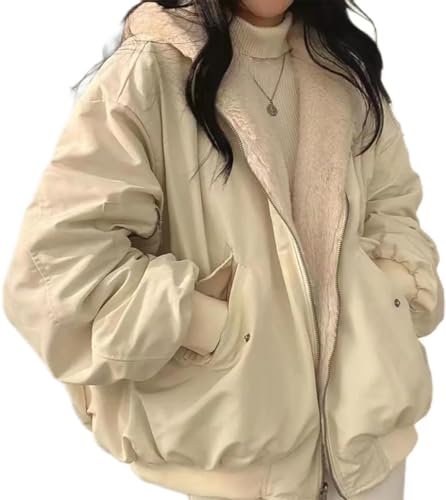 Vagbalena Damen Teen Girls Reversible 2000 Zipper Hoodie Sherpa Jacke Fleece Saison Mantel Can Vintage Muster Übergroße Ästhetische Sportarten (Apricot,M) von Vagbalena