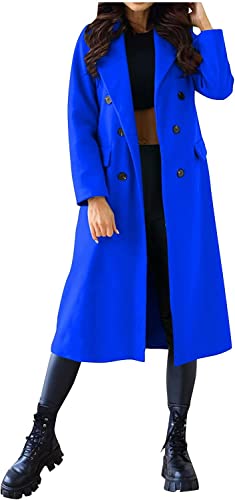Vagbalena Damen Trenchcoat Langarm Herbst Mantel Langer Mantel Erbsenmantel Winter Damenmantel Revers Tasche Zweireiher Wollmantel Klassischer Mantel (Blau,L) von Vagbalena