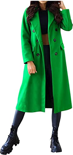 Vagbalena Damen Trenchcoat Langarm Herbst Mantel Langer Mantel Erbsenmantel Winter Damenmantel Revers Tasche Zweireiher Wollmantel Klassischer Mantel (Grün,XXL) von Vagbalena