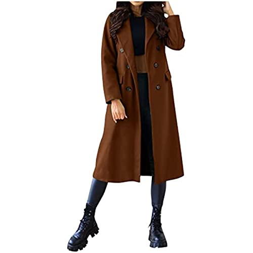 Vagbalena Damen Trenchcoat Langarm Herbstjacke Damen Wintermantel Reverstasche Zweireihiger Mantel Wintermantel Langer Revers Langarmmantel (Braun,3XL) von Vagbalena