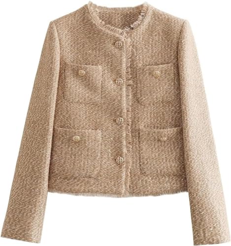 Vagbalena Damen Tweed Jacke mit Metall knopf Tasche mit klobigen gerippten Kragen Lose lang ärmelig Metall knopf Tasche Klobige Jacke (Khaki,M) von Vagbalena