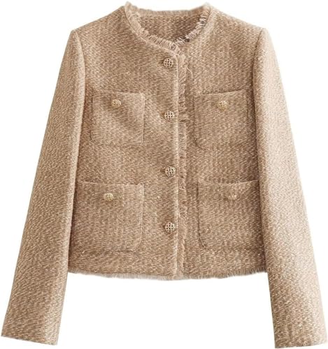 Damen Tweed Jacke mit Metall knopf Tasche mit klobigen gerippten Kragen Lose lang ärmelig Metall knopf Tasche Klobige Jacke (Khaki,S) von Vagbalena