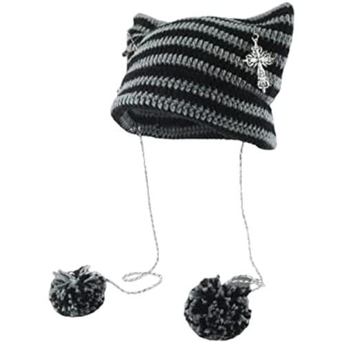 Vagbalena Damen Vintage Beanie Damen Streifen Hut Y2K Gothic Accessoires Süße Strickmütze Lässige Strickmütze Lässige Strickmütze Totenkopf-Mütze (Schwarz,Eine größe) von Vagbalena