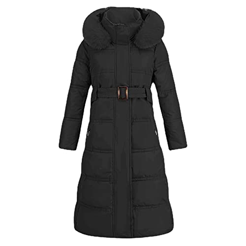 Vagbalena Damen Warmer Wintermantel Lange Daunenjacke Verdickte Daunenjacke Mit Kapuze Steppmantel Oberbekleidung Winter Daunenjacke Mittellanger Taschenmantel Mit Fellkapuze (Schwarz,XXL) von Vagbalena