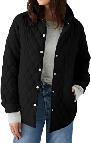 Vagbalena Damen Winter Baumwolle Langarm Knopfsteppjacke Leichte Steppjacke Stehkragen Einfachreiher Langarm Warme Jacke mit Taschen (Schwarz,XL) von Vagbalena