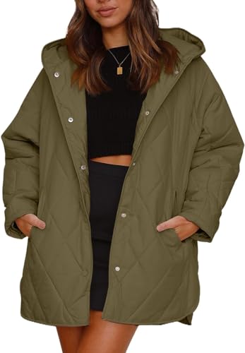 Vagbalena Damen Winter Casual Diamond Quilted Hooded Lightweight Jacket Übergroße Steppjacke mit Knopf und Kapuze Lässige Daunenjacke (Armee grün,S) von Vagbalena