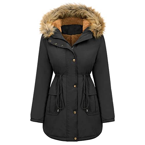 Vagbalena Damen Wintermantel gefüttert Lammfellmantel Warmer Pelzmantel Parka Kapuzenjacke Damen Winter Windjacke wasserdicht Winddicht Parka Kapuzenmantel (Schwarz,XL) von Vagbalena