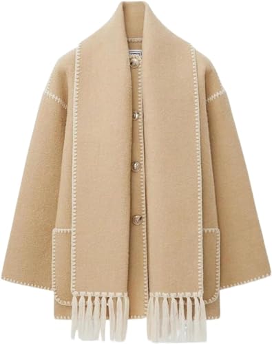 Vagbalena Damen-Wintermantel mit Schal lockerer langärmliger einreihiger Mantel verdickt locker mit Schal Jacke mit Quasten elegante Jacke mit schmalen Knöpfen (Khaki,L) von Vagbalena