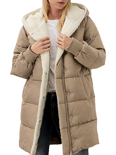 Vagbalena Damen Wintermantel verdickte Daunenjacke Winter Daunenjacke mittellanger Taschenmantel warme Lange Daunenjacke mit Sherpa Futter Hut (Khaki,S) von Vagbalena