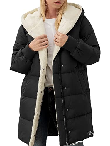 Vagbalena Damen Wintermantel verdickte Daunenjacke Winter Daunenjacke mittellanger Taschenmantel warme Lange Daunenjacke mit Sherpa Futter Hut (Schwarz,XL) von Vagbalena