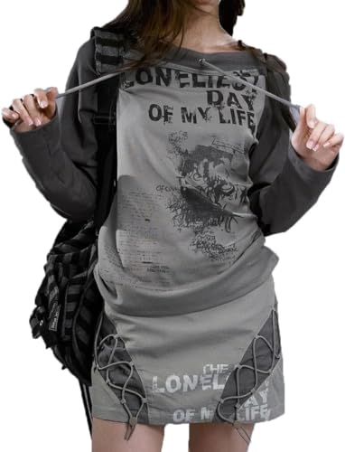 Damen Y2K Sweatshirt Off Schulter Top Vintage Ästhetic Patchwork Langarm T -Shirt Patchwork Langarm Gothic Printed Shirt Top Shirt Y2K Top (Grau,M) von Vagbalena