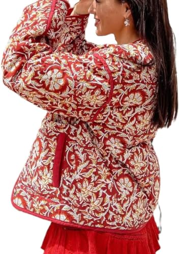 Vagbalena Damen Y2k Blumen Kurze Stepp Jacke Winter Pullover Kurz Jacke Bunt Bedruckte Strickjacke Leichte Diamant-Karierte Jacke Mantel (Rot,S) von Vagbalena