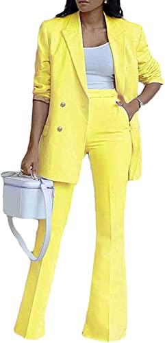 Vagbalena Damen elegante Business Anzug Anzug Büro Business Hose Mantel Jacke zweiteilig lässig Mode Anzug Set weites Bein Hose Anzug Jacke (Gelb,XXL) von Vagbalena
